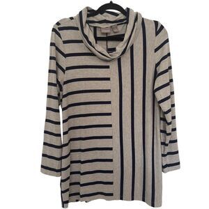 CHICOS Women Size 1-MEDIUM-8 Turtleneck Tan with Navy Stripes Tunic Top Coverage